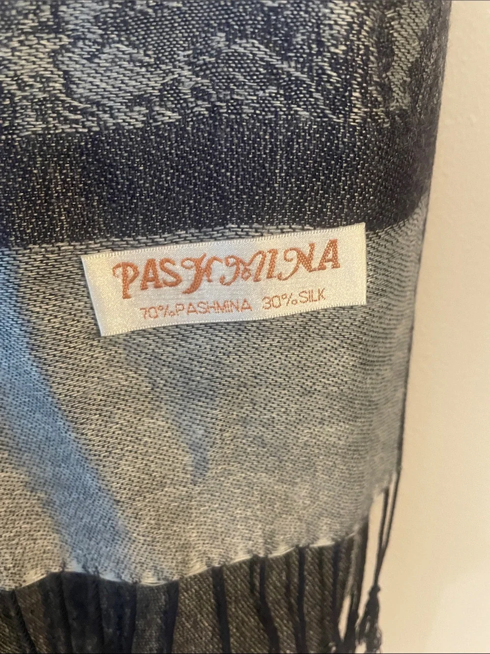 Paisley Pattern Fringe Scarf in Navy and Gray